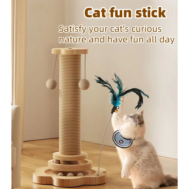 TEMU 1pcs Cat Scratching Post, 4 In 1 Wooden Cat Scratching Post Toy, 15.7 "high Scratching Post, Cat Track Ball, Interactive Cat Feather Toy And 2