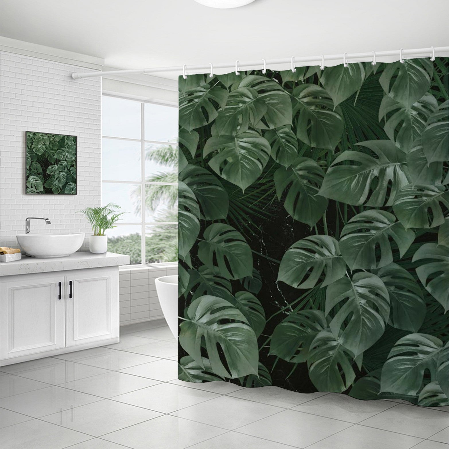 YL-37254 Waterproof Shower Curtain Hot Sale 3D Printed Tropical Jungle Plant Leaves and Flowers Season Polyester Shower Curtain with Hook