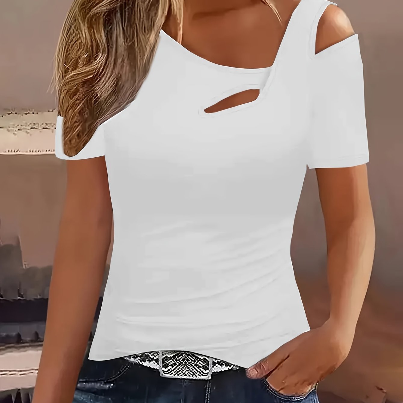 TEMU Women's Slim-fit Short Sleeve T-shirt - Off-shoulder Boat Neck Top With Medium Stretch, Solid Color Casual Blouse For Casual Attire, Machine