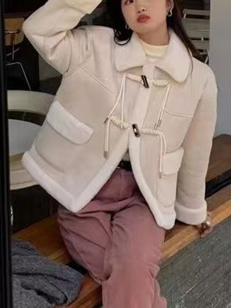 Womens Fur Faux Jacket Women Coat Winter Long Sleeve Turndown Collar Coats Fashion Spliced Pockets Thicken Outerwear 230921