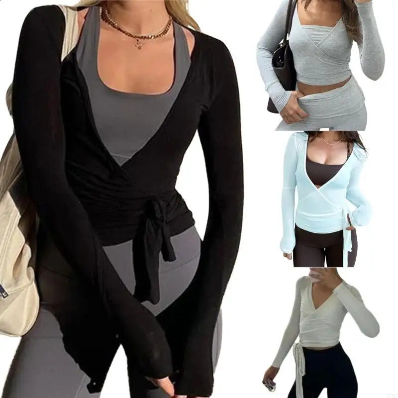 77HC Women Wrap Tie Top Long Sleeve Ballet Wrap Top Breathable Workout Yoga Shirt Coquettes Blouses for Gym and Running 250520