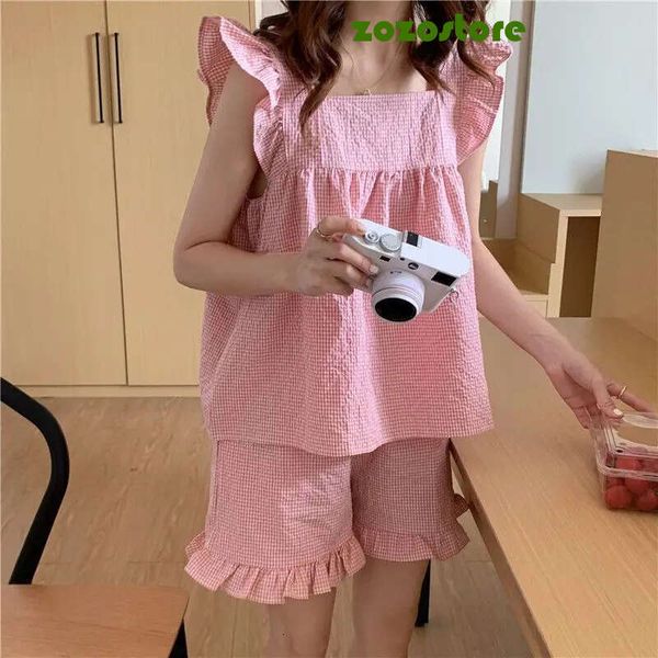 Plaid Sleepwear Women Pajamas Shorts Set Fly Sleeve Korean Kawaii Pijama Ruffles Summer Home Clothes Suit Sleeping Night Wear 1C