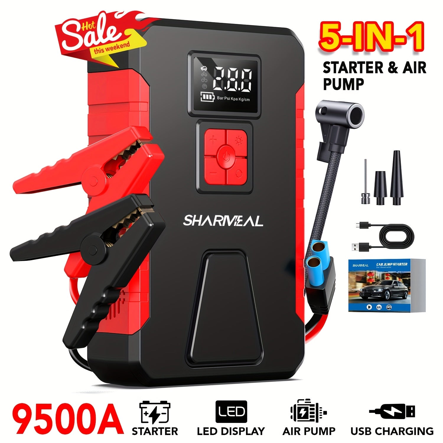 TEMU 10000a-9500a 12v Portable Car Jump Starter, 12v Car Battery Charger, Car Jump Starter With Air Compressor, Jump Starter Para, Car Accessories