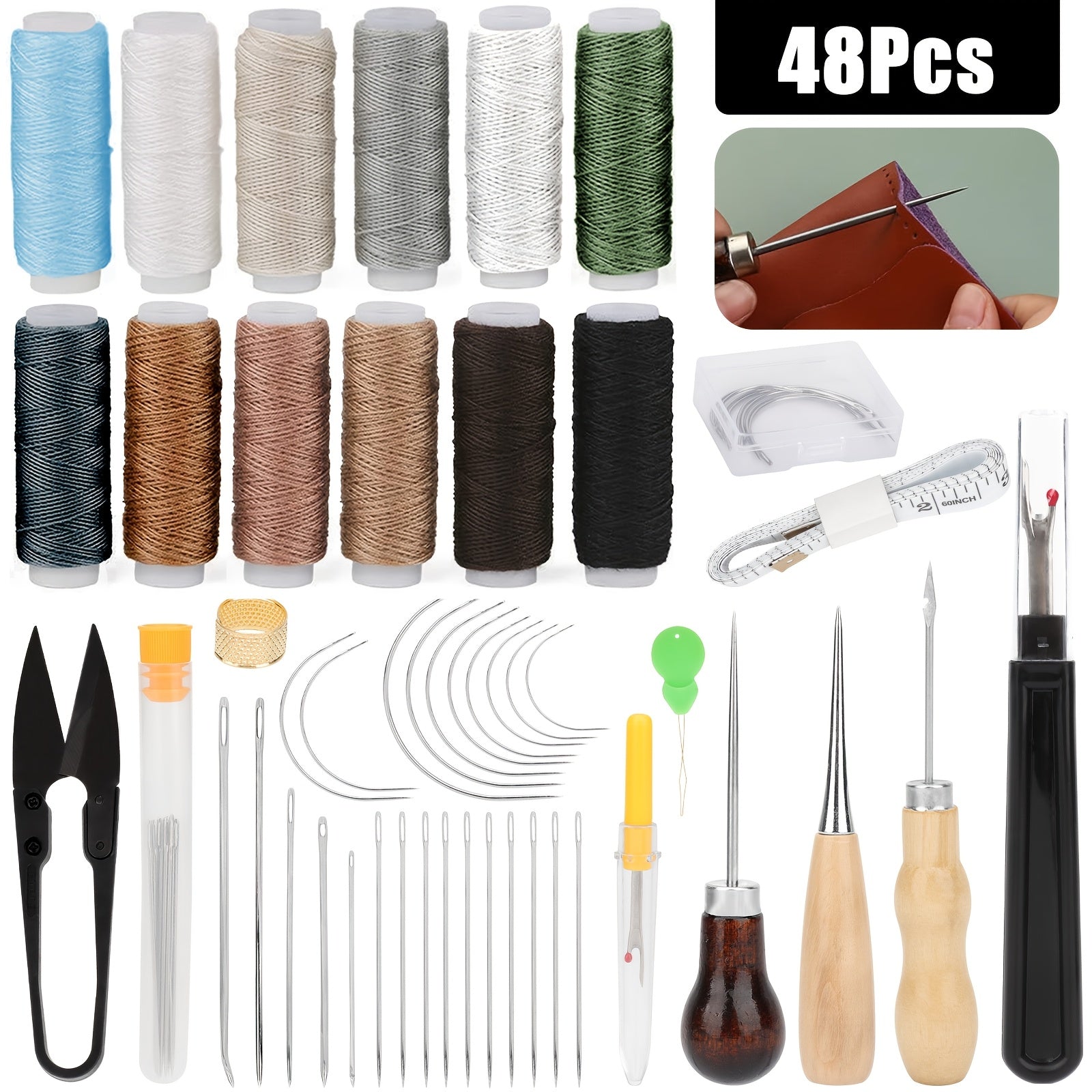 TEMU Heavy Duty Leather Sewing Kit, With 12 Rolls Of Thread, Needles, Awl, Hand Tools For Diy Stitching Craft Upholstery Repair