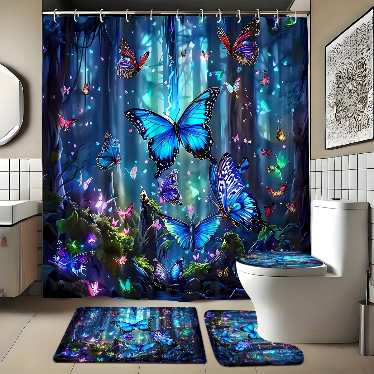 TEMU 1-4pcs And Bathroom Complete Set, Anti-slip Bathroom Mat, U-shaped Carpet, Toilet Seat, Refreshing Shower Curtain With 12 Durable Hooks,