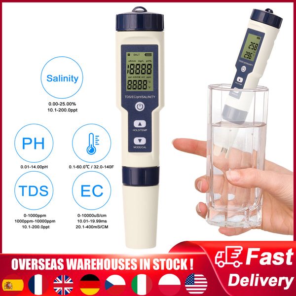 PH Meters 5 in 1 Digital Water Quality Detector PH-EC-TDS-Salinity-Temperature Testing Meter Multi-Function Water Quality Tester Monitor 230