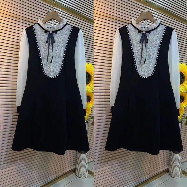 Designer plus-size dress Summer mid-length dress Simple temperament artistic personality street match diamond flower bow pearl stand collar