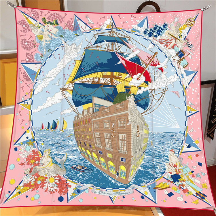 Silk Scarf Women Ocean Warship Printing Square Scarves Head Echarpes Silk Foulards Fashion Femme Wraps Beach Shawls Bandana Lady Hijabs 90CM X 90CM