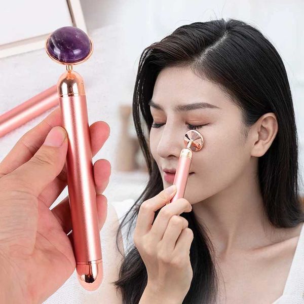 Natural Stone Rose Gold Electric Roller Original Amethyst Quartz Jade Big Frequency Eye Massage Face Care Neck Detox Beauty ToolXJ241216