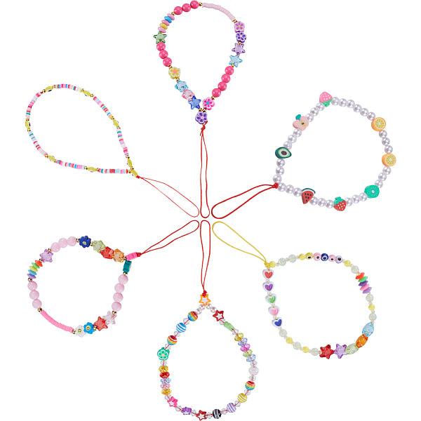 6Pcs 6 Styles Handmade Polymer Clay & Plastic Beaded Mobile Straps