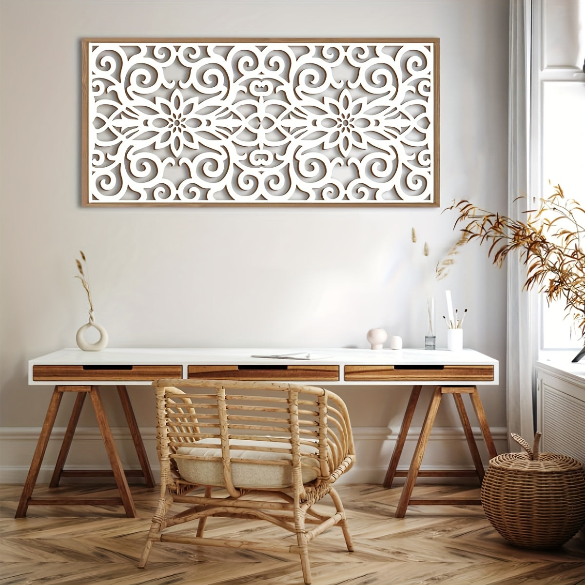 TEMU Hand-carved Boho Mandala Wood Wall Art - 16"x32" Large Framed Zen Sculpture With Black & White Intricate , Beige Wood Grain Texture -