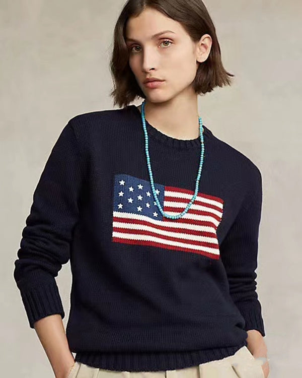 US Women&#039;s outerwear knitted sweater American flag round neck sweater 2023 Winter high-end luxury fashion comfortable cotton pullover 100% cott