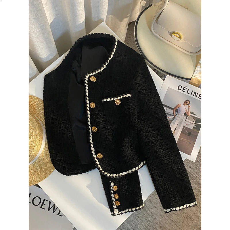 MEXZT Vintage Tweed Jacket Women Elegant Cropped Quilted Coat Commute Black Blazer Winter Ladies Korean Short Outerwear Tops 240812