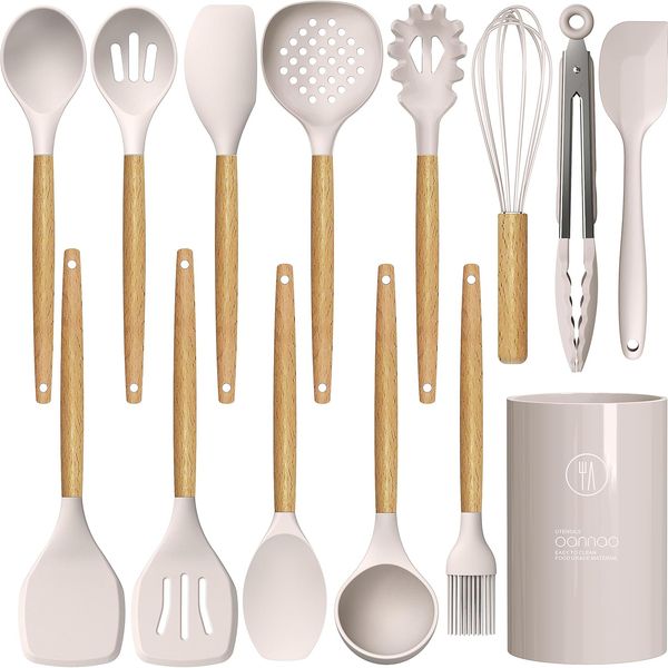 BPA Free Silicone Utensils Kit Sturdy Cooking Tools Compatible with Non-Stick Surfaces, Featuring Comfort Grip Wood Handles & Storage Organi