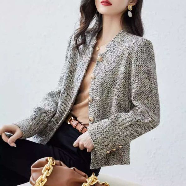 French small fragrant jacket for women in Spring Autumn 2024 new style with standing collar woolen fabric fashionable temperament niche and