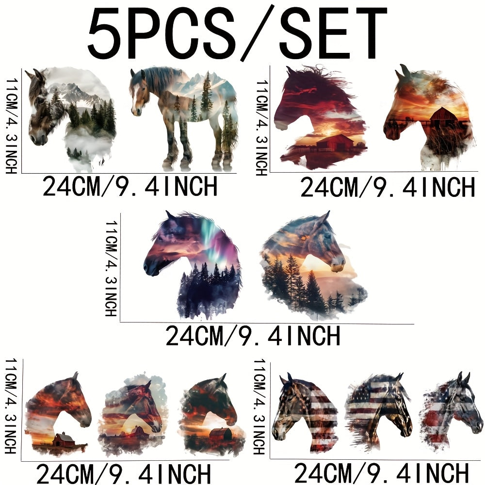 TEMU 5-pack Vinyl Decorative Transfer Paper, 16oz Glass Jar Wrapping Decals, Uv Dtf Adhesive Forest Horse Coffee Cup Transfer Paper For Packaging And