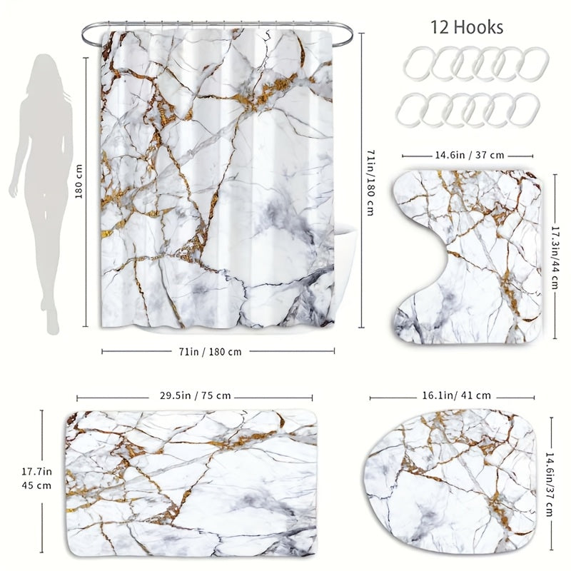 TEMU 1-4pcs Marble Patterned Bathroom Set, Waterproof Barrier Multifunctional Shower Curtain With 12 Hooks, Non Slip Bathroom Floor Mat, Toilet