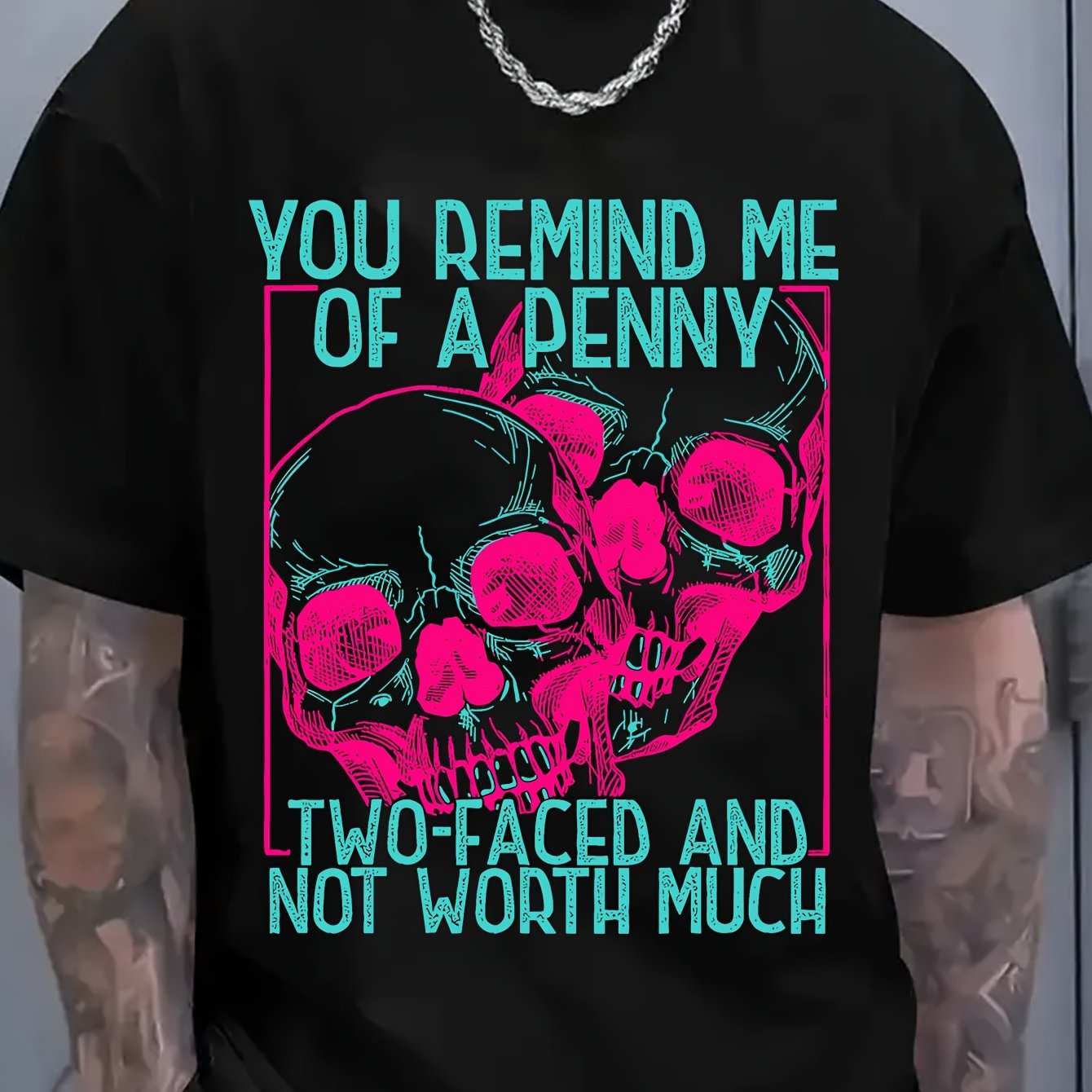 TEMU Men's & Women's Gothic Penny & Skull Graphic T-shirt - 100% Round Neck Short Sleeve With Heat Transfer Print, Casual Casual Attire For , Gothic