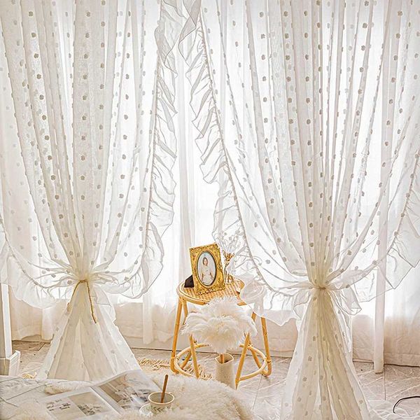 White Pompom Sheer Curtains Girls Room Romantic Elegant Vintage Lace Tulle Light Filtering Window Drapes Curtains for Bedroom Y240824