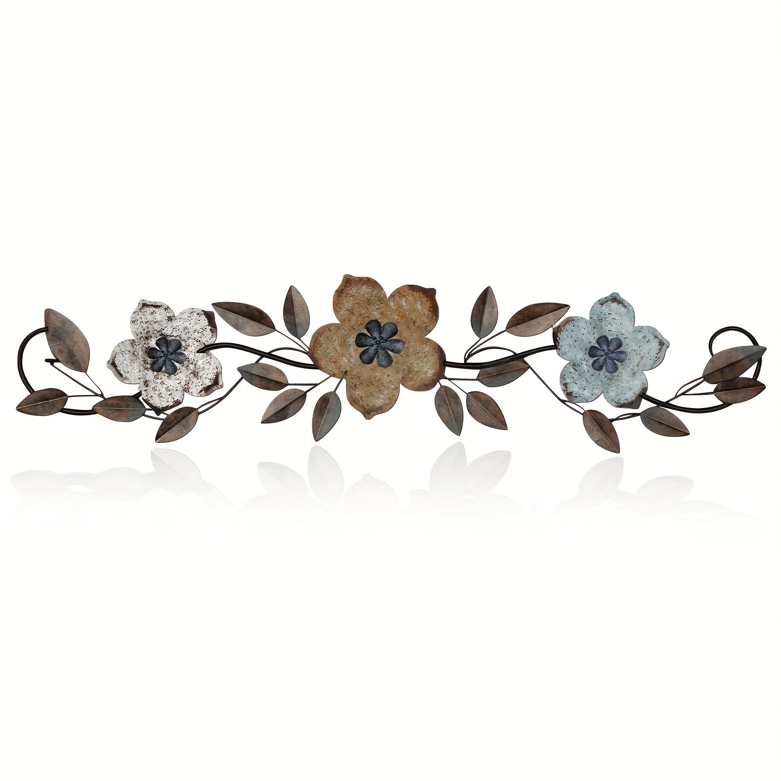 TEMU Vintage Wrought Iron Metal Flower Wall Decor - 15.75x3.7 Inch Farmhouse Scroll Sculpture With Colorful Floral & Leaf Design, Indoor Wall Art For