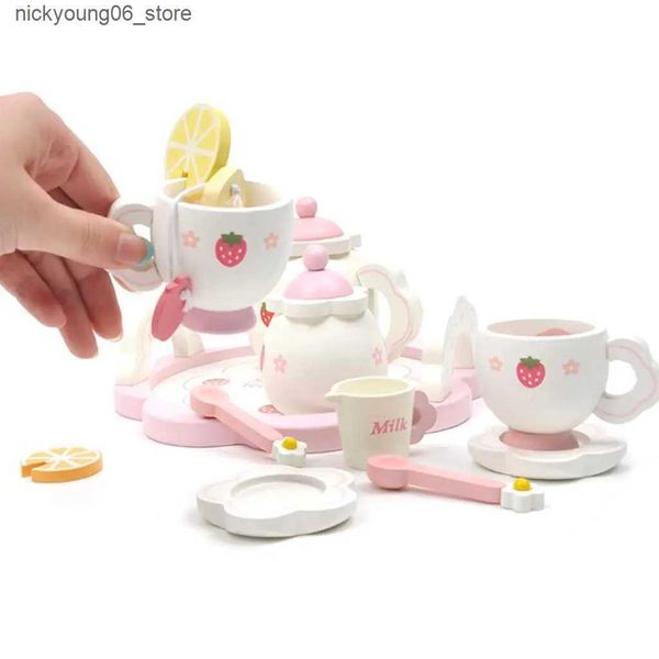 Kitchens Play Food Mini Delicate Wooden Strawberry Tea Set Kids Preschool Food PlaysetL240910