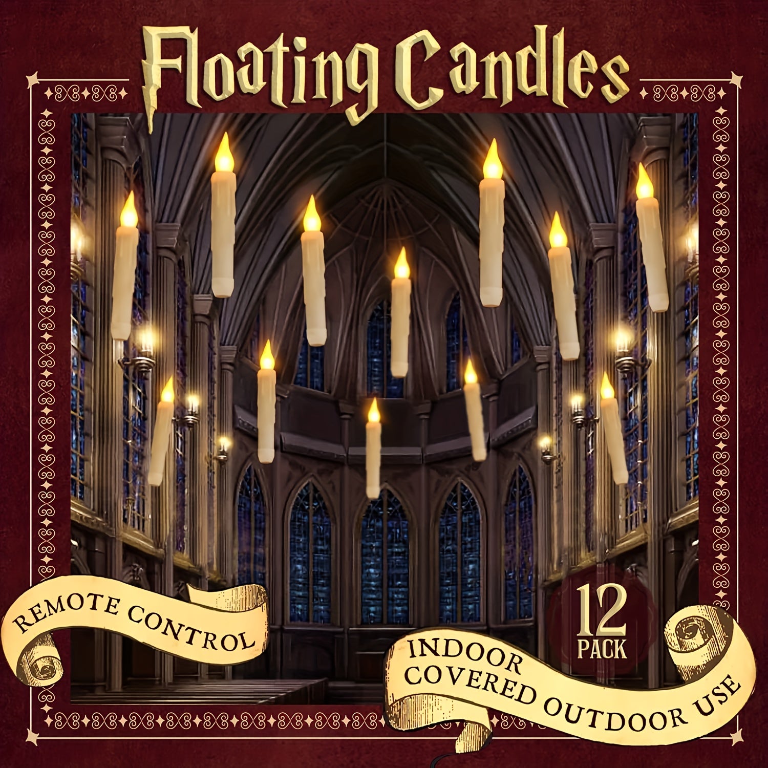 TEMU 12pcs Floating Led Candles With Wand - Battery-powered Hanging Magical For Halloween & Christmas Decorations, Spooky Indoor-outdoor Party Decor