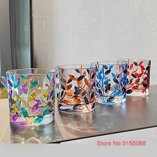 Design By Zecchin Murano Italy Art Multi-Color Glass Liquor Tumbler Colorful Relief Hand Painted Leaf Whiskey Cup Wine Glasses