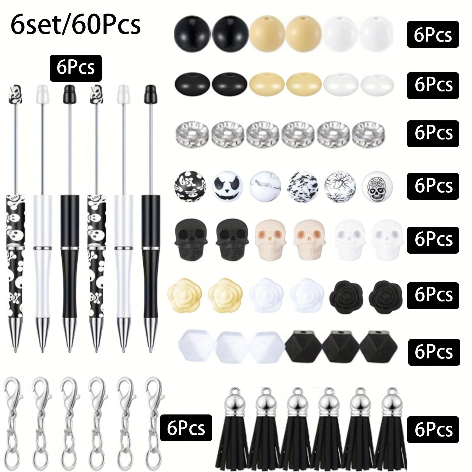 TEMU 6 Sets Of Bead Pens Set, Including Black And White Bead Tassel Buckles And Dwarf Decorative Bead Pens. Student School Diy Round Bead Pen Making