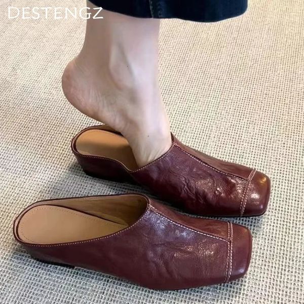 Womens Slide Flat Slide Shoes Fashion Leather Mule Shoes Womens Spring Trend Casual and Comfortable Zapatillas Inkless Shoes 250103