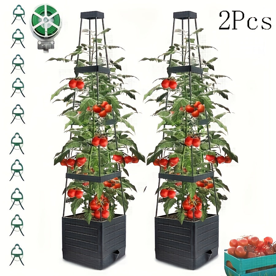 TEMU 2-pack 57" Raised Garden Bed Tomato Planter With Trellis - Durable Plastic Multi-compartment Vertical Planter Box For Climbing Vegetables,