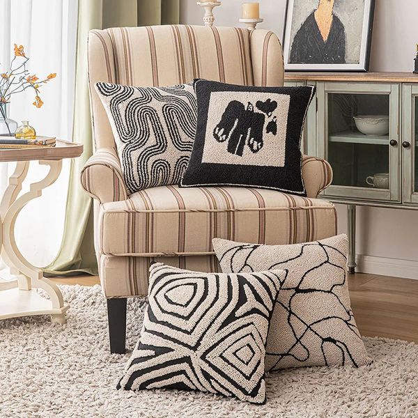 Geometric Abstract Embroidered Cushion Cover Modern Beige Black Fully Tufted Pillowcase Home Decorative Pillows for Sofa 241217