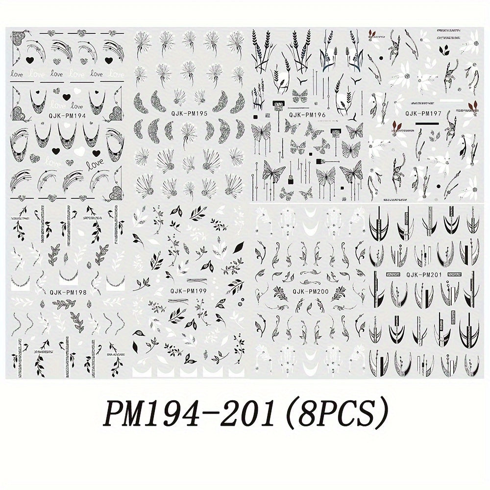 TEMU 8 Sheet Summer Glitter White Flower Leaf Art Stickers, Self Adhesive Nail Art Decals For Nail Art Decoration, Nail Art Supplies For Women And