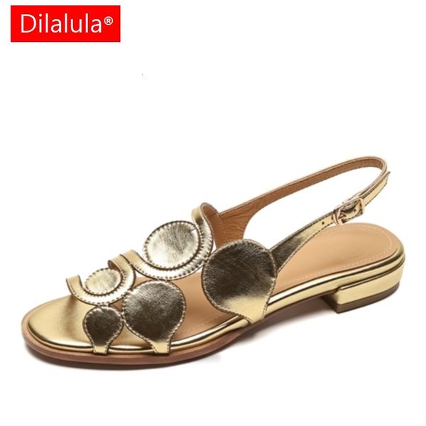 Dilalula Hot Sale Full Genuine Leather Flat Heel Women Peep Toe Carving Circle Decoration Low Thick Heels Summer Sandals
