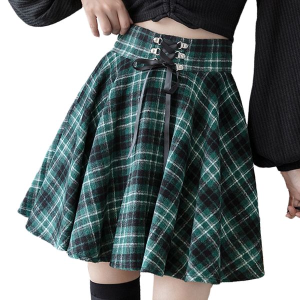 Skirts Gothic Punk Harajuku Women Skirt Plaid Print Lace Up Hip Hop Winter Casual Green Grey Red Goth Pleated Woolen Skater Streetwear 23050