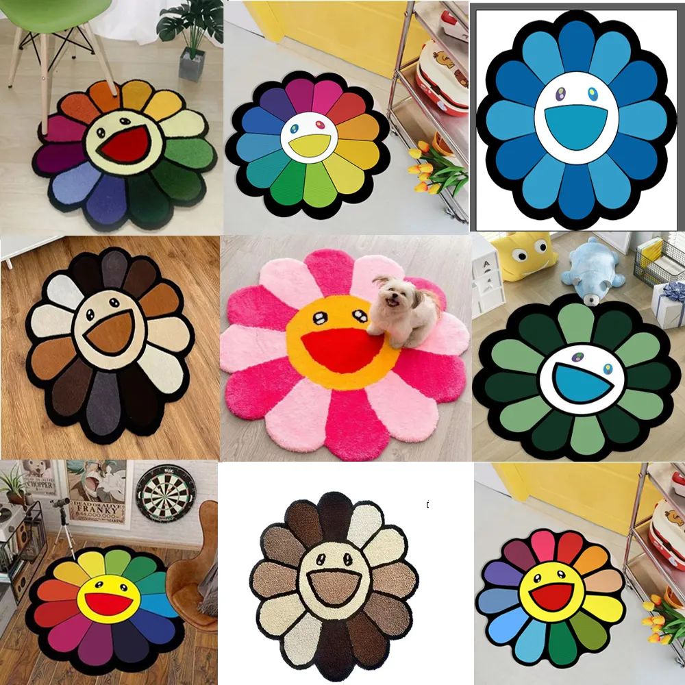 Best Ins style cartoon flower circular carpet anti slip soft plush carpet coffee table carpet living room decoration floor mat living room bathroom