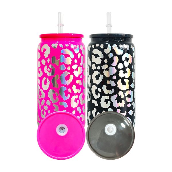Already print 5 colors mixed high Borosilicate cold drink 16oz Iridescent leopard glass can with colorful pp lids beer mug with clear plasti