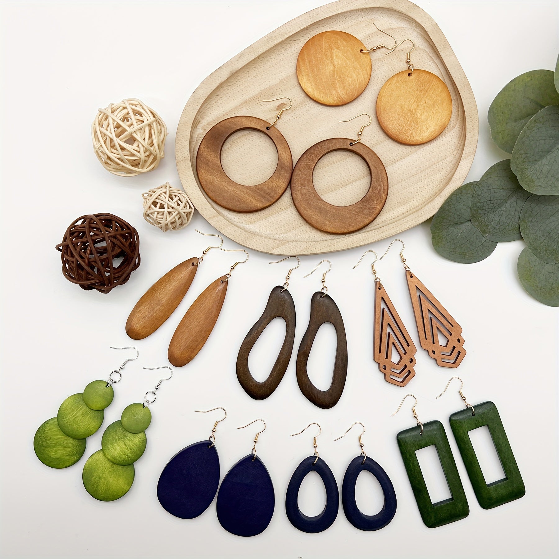 TEMU 9-pair Set (9 Pairs) Wood Earrings For - Boho Hoop & Dangle Earrings, Wood Grain Hoops, Dark Blue-green-brown Tones, Minimalist Bohemian,
