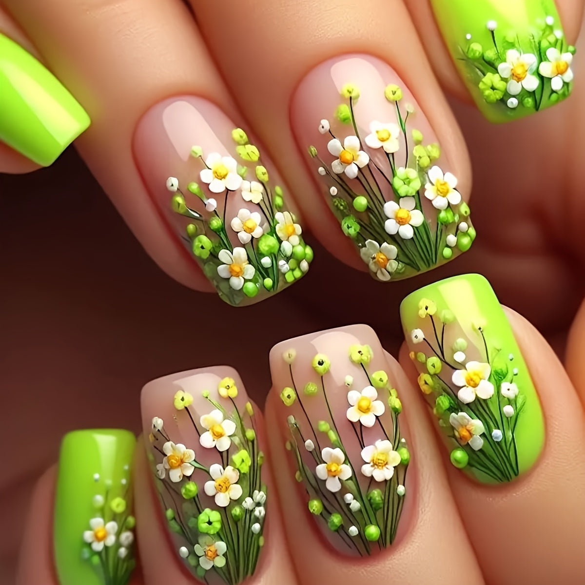 TEMU Look; 24pcs Press-on Nails, European Square Short Fake Nails With Five-petal , Glossy Finish, Easy To Apply And Remove. Simple, Sweet, Elegant,