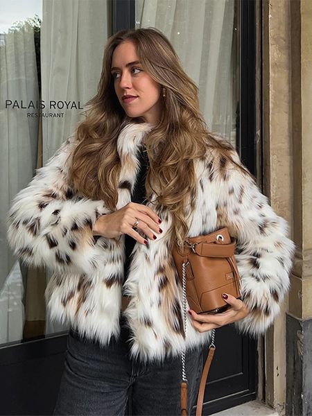 Leopard Faux Fur Coat Women Short Autumn Winter Plush Stand Collar Panelled Jacket Female Warm Stylish Outerwears Lady Casual 241030