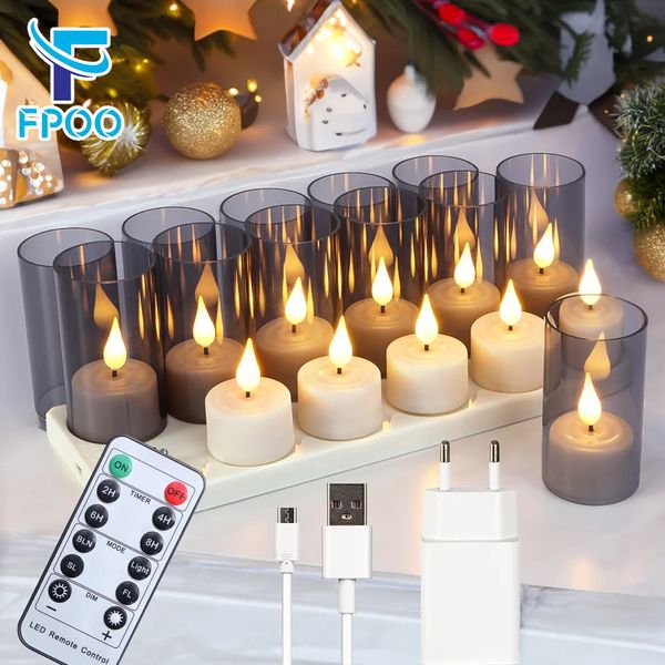 612 LED Candlelight Timer Charging Flameless Tea Light with Black Cup Used for Home Decoration Candles 240905
