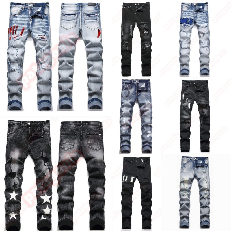 Mens Designer Jeans Fashion Men Jeans European America Style Jean Streetwear Letter Embroidery Pants Patchwork Ripped For Motorcycle Pant Skinny Jea