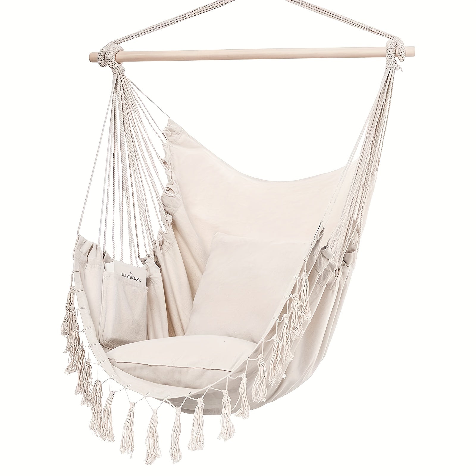 TEMU Hammock Chair Hanging Rope Swing, Lbs, 2 Cushions Included, Large Macrame Hanging Chair With Pocket For , With Hardware Kit (beige)