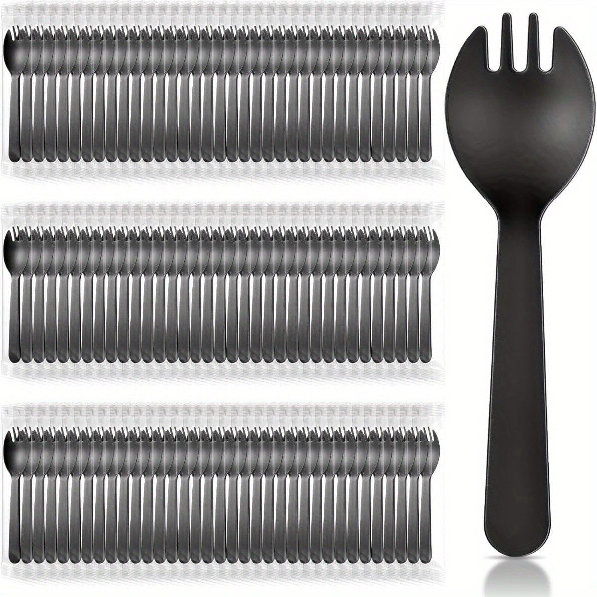 TEMU 150pcs Individually Wrapped Plastic 2-in-1 Set - 4.5 Inch Bulk Disposable Utensils With Black Ergonomic Grip, Individually Wrapped For Hygiene,