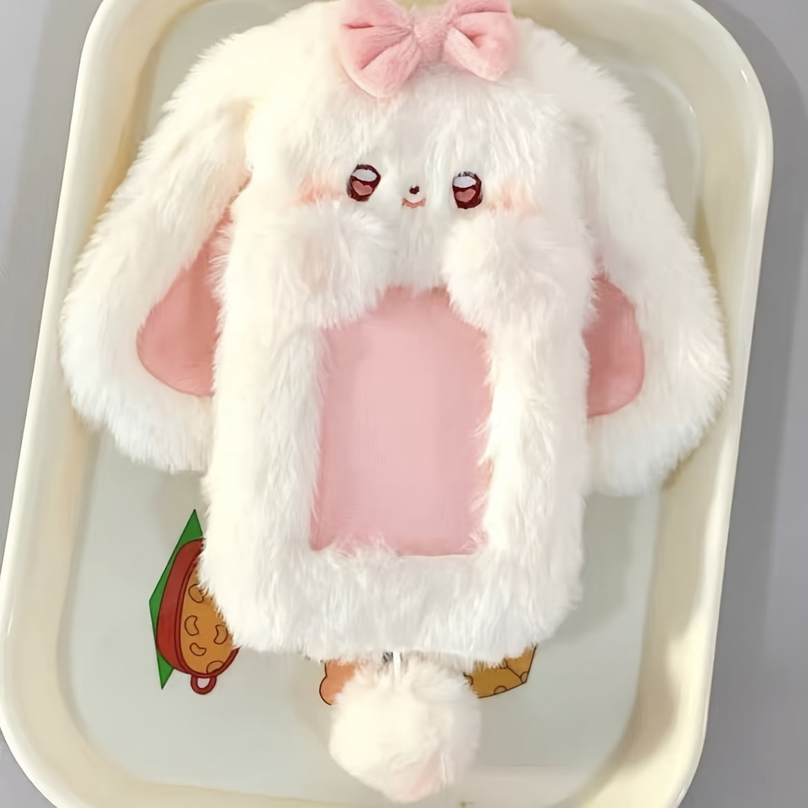 TEMU 1pc Adorable Rabbit-shaped Plush Card Holder With Pink Bow - Soft, Cartoon- For Work Id, Meal & Transportation Cards - 2.76" Rear Opening