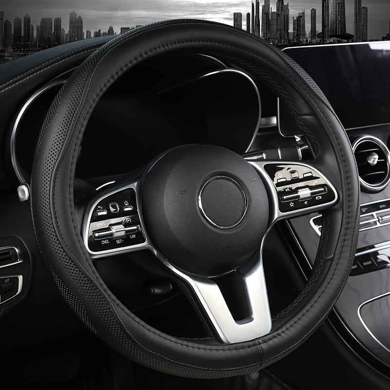 TEMU Luxury Leather Steering Wheel Cover, Universal Fit, Breathable Anti-slip Grip, Car Accessory With , Vehicle Wheel Protector