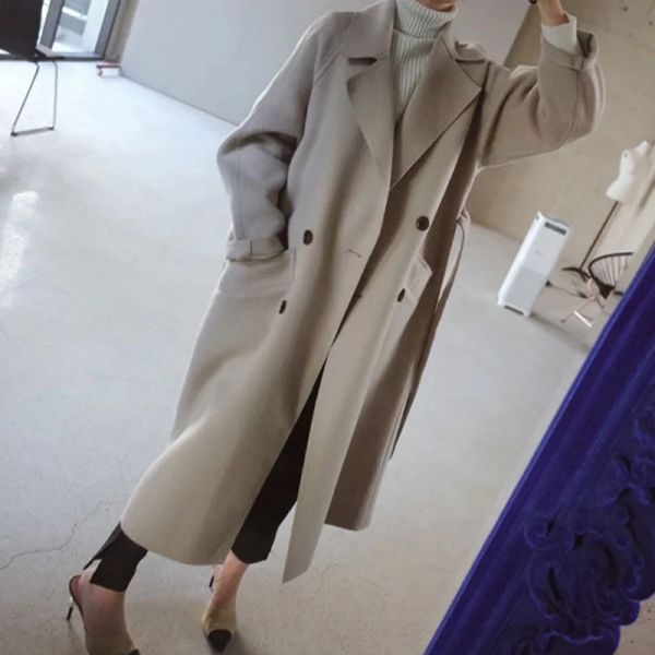 Winter Wide Lapel Belt Pocket Blend Coat Oversize Long Trench Outwear Wool Women