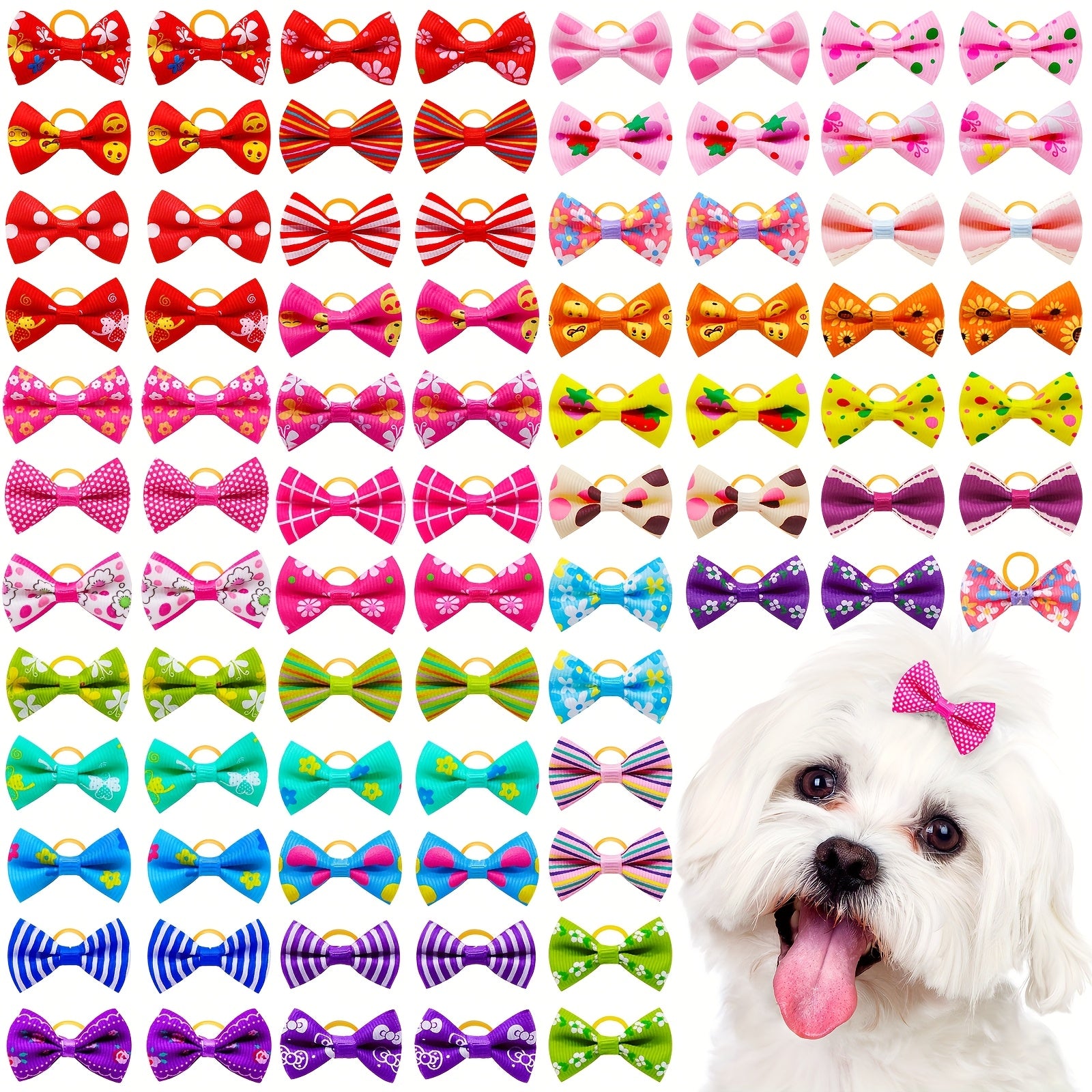 TEMU 60pcs Cute Small Bowknot Hair Bows With Rubber Bands Handmade Hair Accessories Bow Pet Grooming Products (mix Colors)