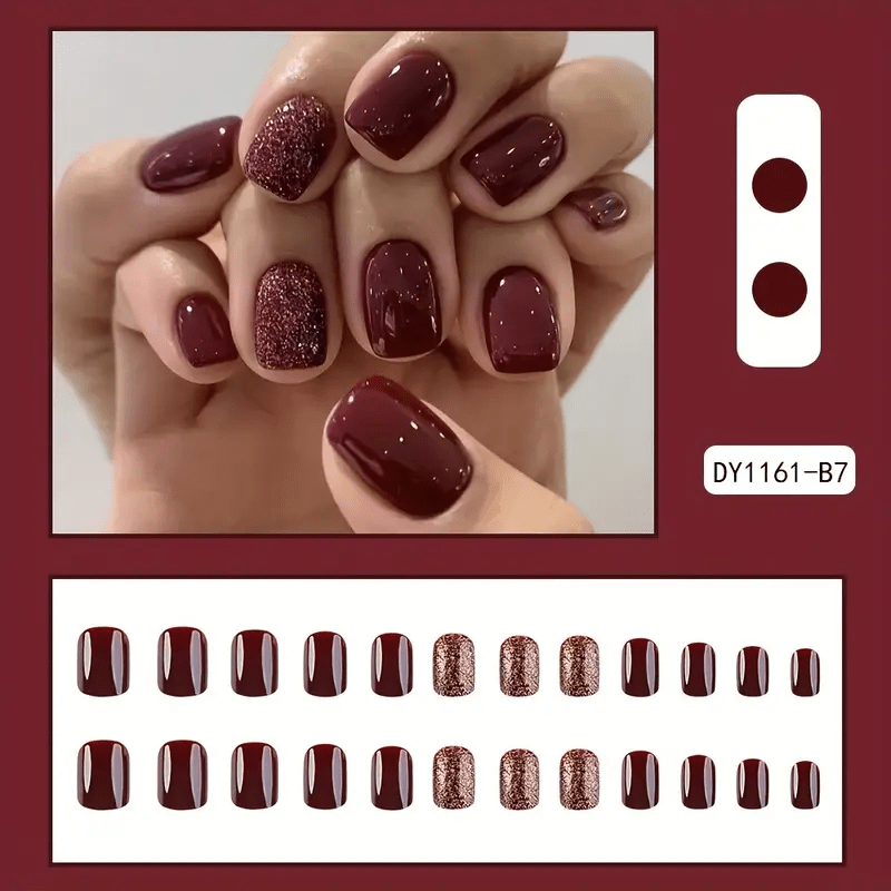 TEMU 24pcs Red Glitter Press On Nails Short Square Glossy Fake Nails With Purple-red Gradient & Glitter Accents - Artificial Nails For , Durable