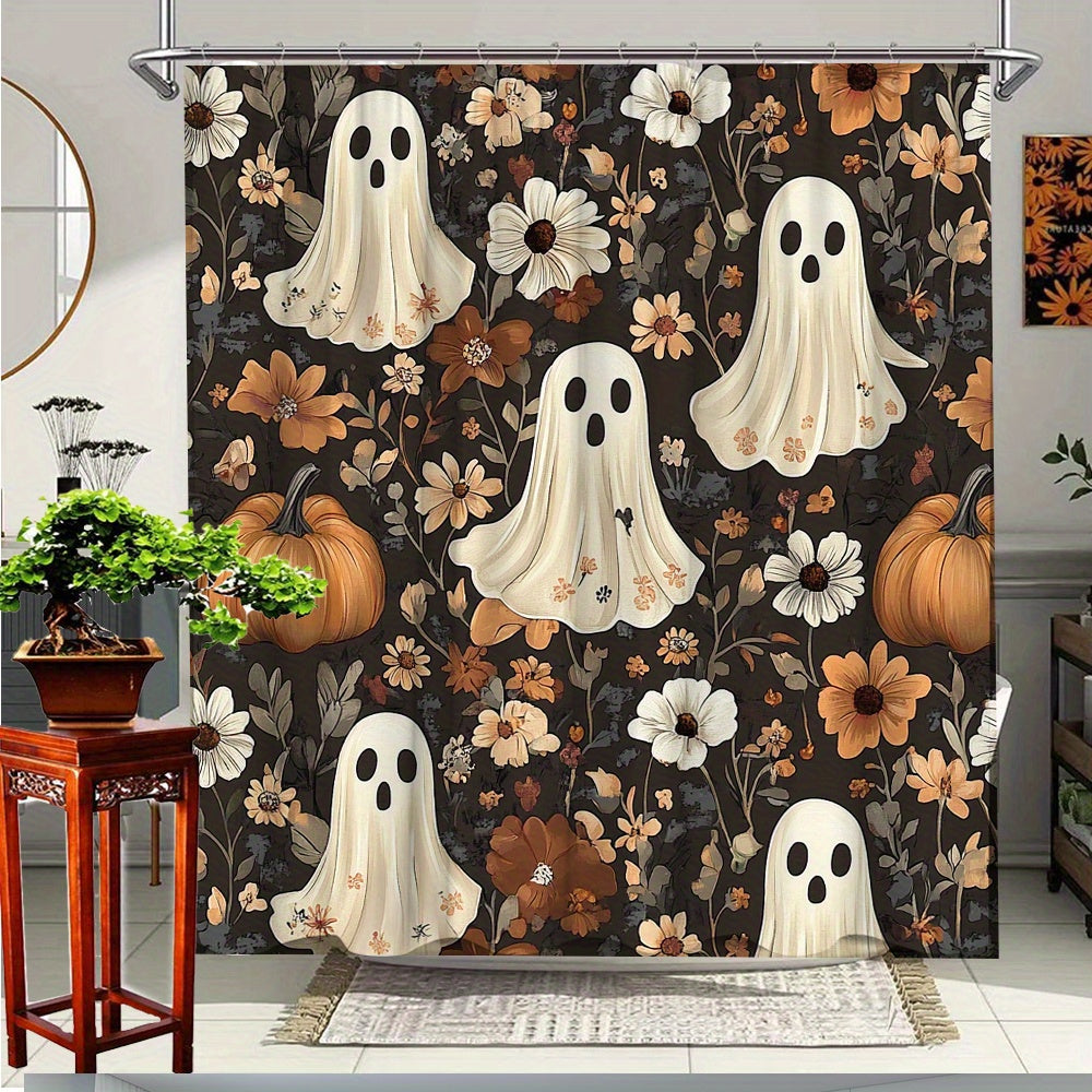 TEMU 1pc Halloween Floral Pumpkin Shower Curtain, Polyester Fabric, Bathroom Decor With And Floral Pattern, Enjoy A Whimsical Experience, Includes 12