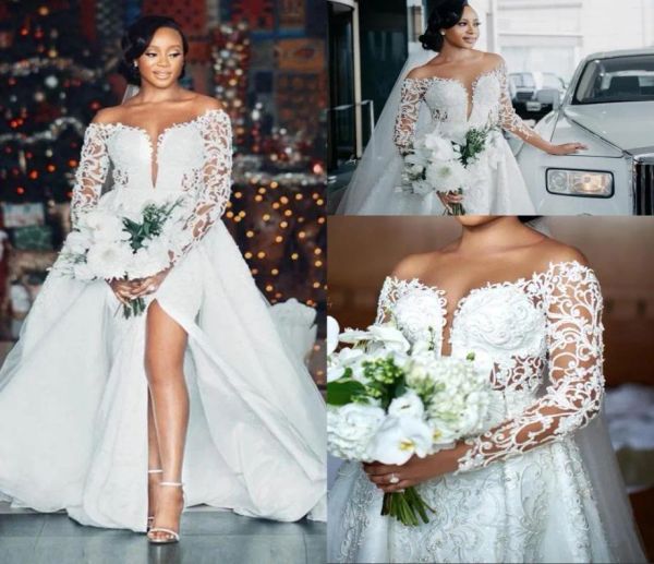 Dresses Mermaid Wedding Bridal Gown Beaded Long Sleeves with Overskirt Off the Shoulder Front Slit Custom Made Vestidos De Novia Plus Size